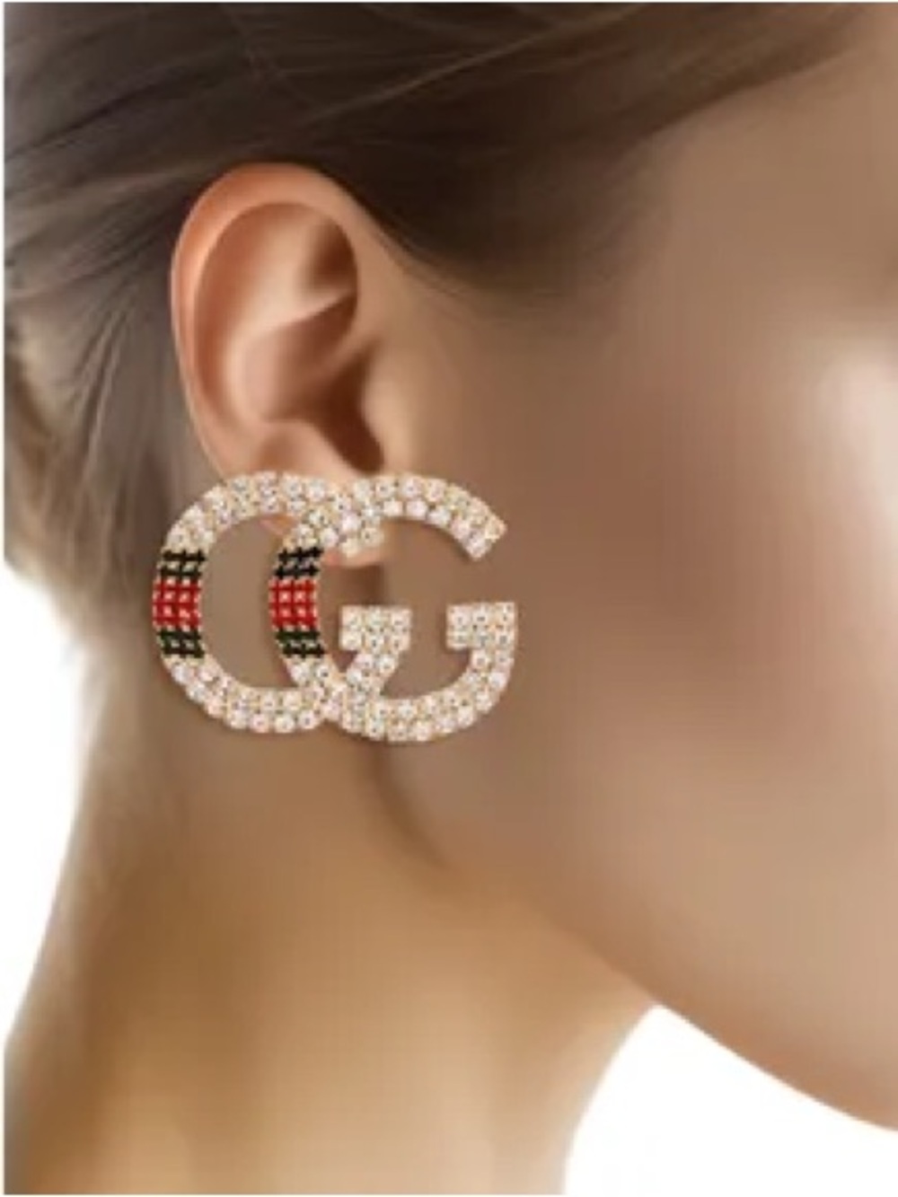 Gold Crystal Double G Stud Earrings - Gold with Red & Green Accent